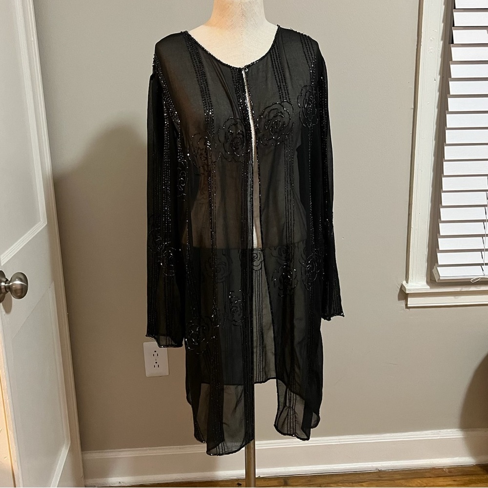 COPY - RARE 1920s Beaded Black Silk Chiffon Flapper Duster Jacket size XL